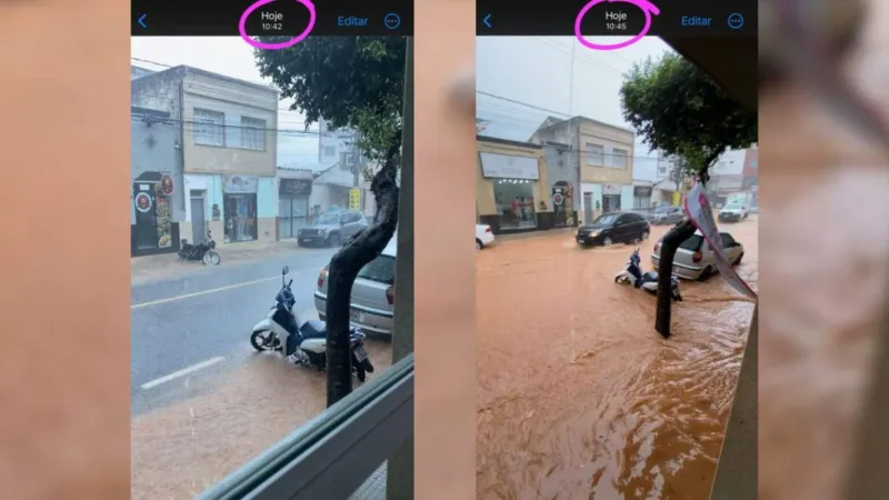 Temporal em Alegre alaga ruas em apenas três minutos e derruba motocicletas