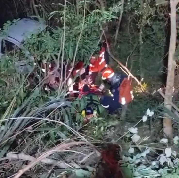 Carro despenca de ribanceira na Rodovia-248 em Colatina; vítimas são resgatadas com vida
