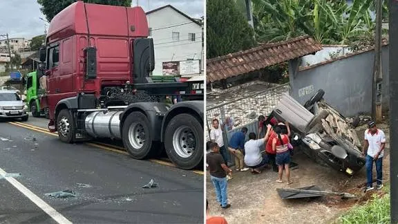 Acidente entre carro e carreta deixa dois feridos na BR-101 em Fundão