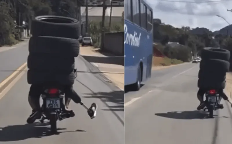Imagem de motociclista transportando garupa dentro de quatro pneus em Ibiraçu repercute nas redes e expõe série de infrações de trânsito