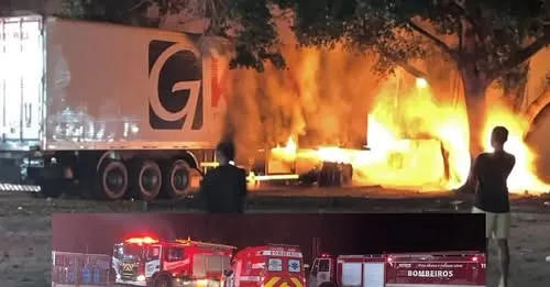 Carreta-baú pega fogo em pátio de posto de combustíveis em Linhares 