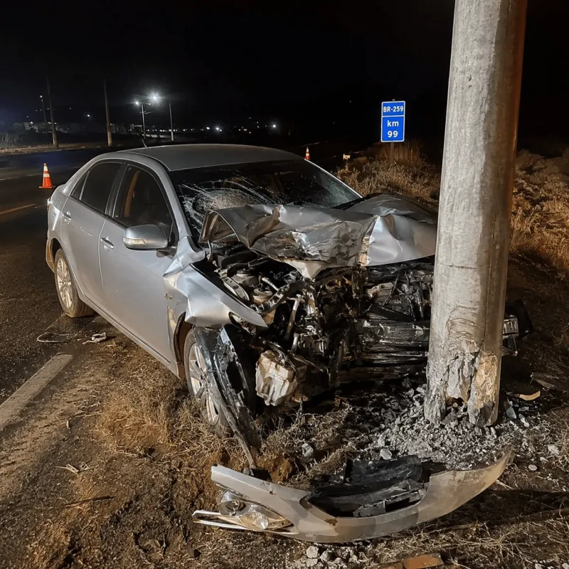 Carro fica destruído após bater em poste na BR-259, em Baixo Guandu, e motorista desaparece